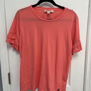 ❣️Michael Kors Womens Large Shirt Ruffle Sleeve Vented Hem Coral Boxy Cottage